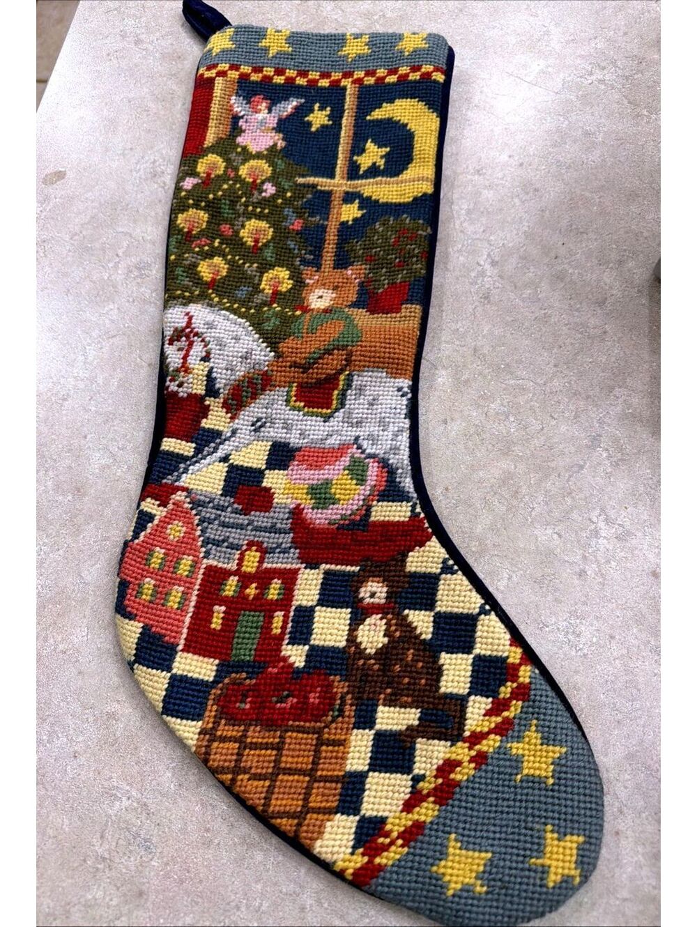 Vintage Needlepoint Christmas Stocking Teddy Bear Rocking Horse Cat Night Sky